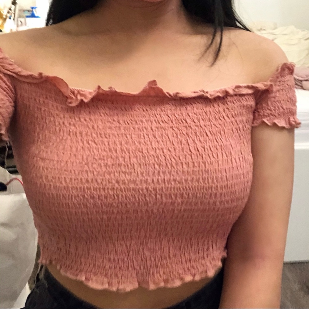 Pink Smocked Off Shoulder Crop Top